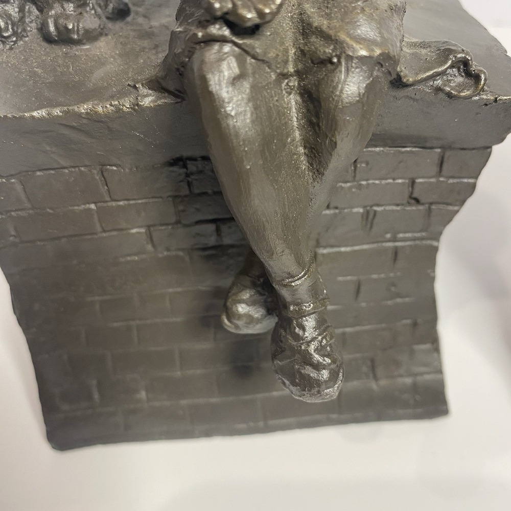 Vintage Painted Brass Figurine Pair – Girl Sitting on Wall with Dog – 8" Tall - Picture 6 of 10